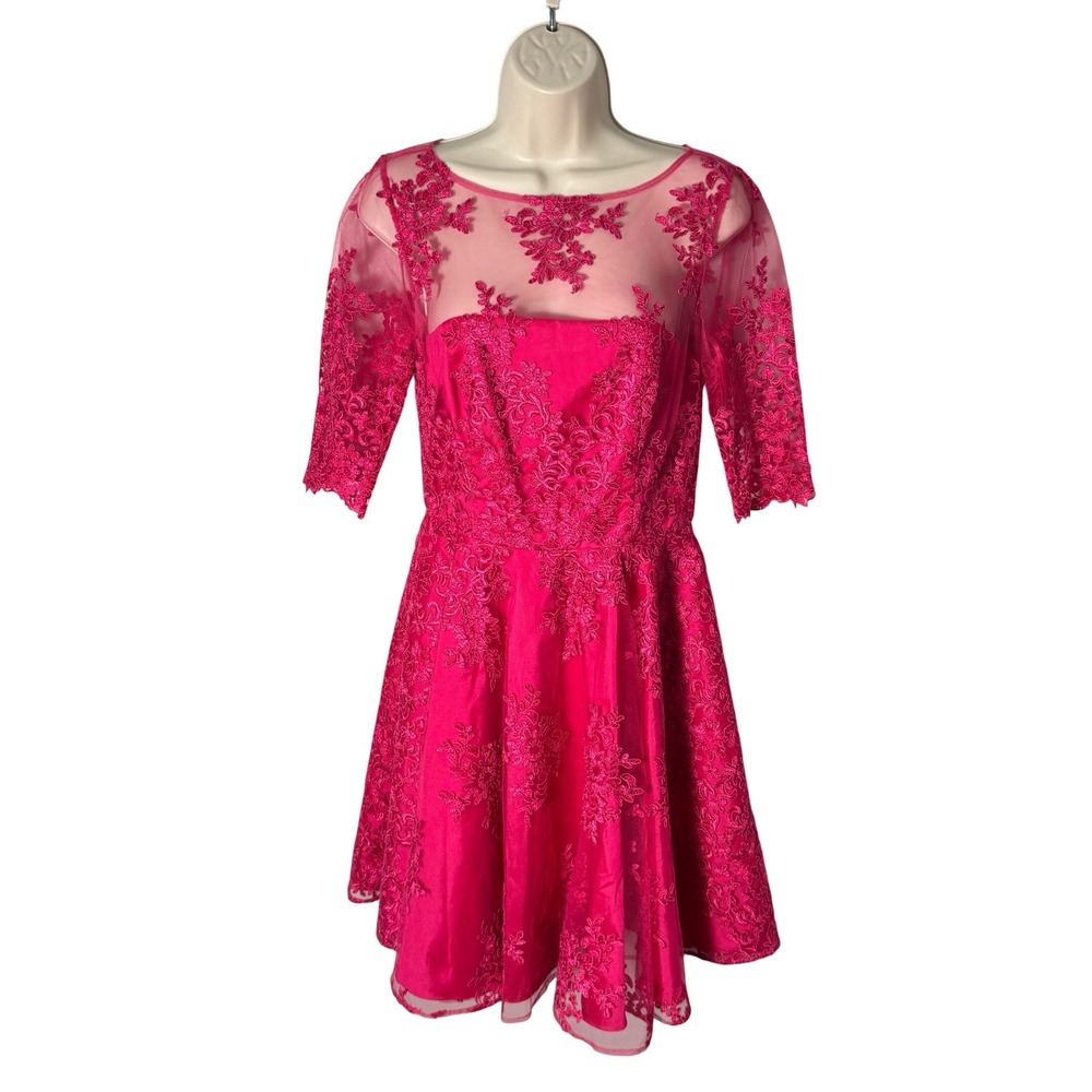 ML Monique Lhuillier Lace Illusion Fit and Flare Pink Dress Sz 6 Cocktail Party